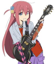Rule 34 | alternate costume, blue eyes, bocchi the rock!, cargo pants, chain necklace, collared shirt, cowboy shot, cube hair ornament, electric guitar, gibson les paul, gotoh hitori, grin, guitar, hair between eyes, hair ornament, highres, instrument, jewelry, layered sleeves, long hair, looking at viewer, necklace, nekoko samurai, one side up, pants, pink hair, shirt, side ahoge, sidelocks, smile, white background