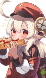 Rule 34 | 1girl, ahoge, blonde hair, blush, child, commentary request, eating, food, food on face, genshin impact, hair between eyes, hat, highres, klee (genshin impact), long sleeves, looking at viewer, namaonpa, pointy ears, red eyes, simple background, solo, upper body, white background