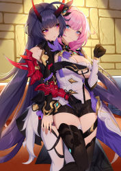 Rule 34 | 2girls, absurdres, armor, benghuai xueyuan, black legwear, blue eyes, blush, breasts, chinese commentary, cleavage, commentary request, elbow gloves, elysia (honkai impact), elysia (miss pink elf) (honkai impact), gloves, hair ornament, hand on another&#039;s crotch, highres, honkai (series), honkai impact 3rd, horns, huge filesize, large breasts, looking at another, multiple girls, nervous, pink hair, purple eyes, purple hair, raiden mei, raiden mei (herrscher of thunder), short shorts, shorts, shoulder armor, thighhighs, white legwear, wu ganlan cai, yuri