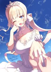 Rule 34 | absurdres, blonde hair, blue eyes, breasts, cleavage, cloud, collarbone, commission, dress, highres, holding, holding jewelry, holding ring, ilfriede von feulner, jewelry, long hair, looking at viewer, makishima azusa, medium breasts, muv-luv, muv-luv alternative, one eye closed, ponytail, pov, ring, second-party source, skeb commission, sky, solo focus, tearing up, tears, the euro front, tiara, wedding dress, wiping tears