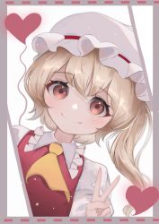 Rule 34 | 1girl, absurdres, ascot, blonde hair, flandre scarlet, hat, heart, highres, light blush, looking at viewer, mob cap, one side up, palulap, red vest, short hair with long locks, simple background, smile, solo, touhou, upper body, v, vest, white background, white hat, yellow ascot