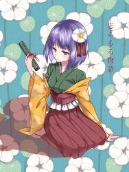 Rule 34 | 1girl, blue background, blunt bangs, breasts, closed mouth, collarbone, commentary request, diao ye zong, expressionless, floral print, flower, frilled sash, full body, green kimono, hair flower, hair ornament, hair ribbon, hakama, hand on ground, haori, hieda no akyuu, holding, holding scroll, japanese clothes, kimono, kneeling, layered sleeves, long sleeves, looking at object, obi, purple eyes, purple hair, red hakama, red ribbon, red sash, ribbon, sash, scroll, shadow, short hair, simple background, socks, solo, song name, touhou, waist ribbon, white flower, white socks, wide sleeves, yatsuki (yaduki 0815), yellow sleeves