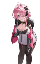 Rule 34 | 1girl, absurdres, ahoge, armor, black gloves, black pantyhose, black tassel, breasts, cleavage, cowboy shot, dress, elbow gloves, gloves, hair over one eye, hand on own leg, heianjian, highres, large breasts, looking at viewer, medium hair, pantyhose, pink hair, pulling own clothes, purple eyes, purple pupils, purple sleeves, shoulder armor, simple background, smile, solo, standing, taoqi (wuthering waves), white background, white dress, wide sleeves, wuthering waves