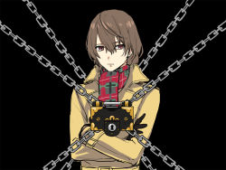 Rule 34 | ace attorney, akechi gorou, black background, black gloves, brown hair, cezaria, chain, coat, crossed arms, gloves, hair between eyes, keyhole, lock, long sleeves, male focus, parody, persona, persona 5, persona 5 the royal, plaid, plaid scarf, psyche-lock, red eyes, scarf, short hair, solo, winter clothes