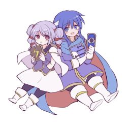 Rule 34 | 1boy, 1girl, blue hair, boots, cape, cellphone, chibi, drill hair, fire emblem, fire emblem: genealogy of the holy war, gloves, headband, holding, holding phone, kitano 373, long hair, multi-tied hair, nintendo, phone, purple hair, seliph (fire emblem), simple background, smartphone, smile, tine (fire emblem), twin drills, white background