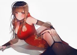 Rule 34 | 1girl, bad id, bad pixiv id, bare shoulders, blush, breasts, bridal gauntlets, brown hair, china dress, chinese clothes, cleavage, cleavage cutout, clothing cutout, dress, dsr-50 (girls&#039; frontline), garter straps, girls&#039; frontline, hanato (seonoaiko), large breasts, long hair, looking at viewer, lying, on side, orange eyes, smile, solo, thighhighs