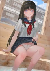 1girl absurdres bare_legs black_hair blue_eyes blue_sailor_collar blue_skirt breast_pocket breasts clothes_lift cloud feet_out_of_frame highres lifting_own_clothes long_hair neckerchief original panties pocket red_neckerchief rushian sailor_collar school_uniform serafuku shirt sitting skirt skirt_lift sky smile soaking_feet solo sweat underwear water white_panties white_shirt