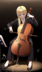 Rule 34 | 1girl, absurdres, artist name, black background, black footwear, black jacket, black pants, blonde hair, blue eyes, blush, bow (music), bow (weapon), braid, braided ponytail, bug, butterfly, cello, chair, closed mouth, collared shirt, commentary, dress shirt, earrings, eyelashes, full body, gem, hair between eyes, hair over shoulder, hairband, hand up, high heels, highres, holding, holding bow (weapon), holding weapon, hyeneul, insect, instrument, jacket, jewelry, long hair, long sleeves, looking at viewer, music, music stand, necklace, on chair, original, pants, playing instrument, shirt, shoes, sidelocks, single braid, sitting, smile, solo, sparkle, triangle earrings, weapon, white hairband, white shirt, wing collar