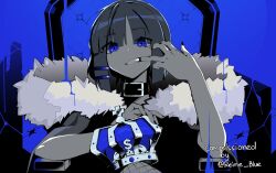 Rule 34 | 1girl, blue background, blue eyes, blue theme, bocchi the rock!, chair, collar, commission, commissioner name, crossed legs, crown, english text, eyes visible through hair, fishnets, fur trim, hair ornament, hairclip, highres, king (vocaloid), limited palette, machuuu68, mole, mole under eye, mouth pull, sitting, solo, unworn crown, upper body, yamada ryo