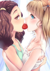 Rule 34 | 2girls, absurdres, amasora taichi, bad id, bad pixiv id, blonde hair, blue eyes, breast press, breasts, brown hair, collarbone, food, fruit, highres, hug, indirect kiss, long hair, looking at viewer, looking to the side, mouth hold, multiple girls, original, profile, shared food, short hair, sleeveless, small breasts, strawberry, symmetrical docking, twintails, yuri
