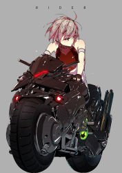 Rule 34 | 1girl, absurdres, apapico, arm strap, bare shoulders, black gloves, breasts, closed mouth, commentary, english commentary, fingerless gloves, gloves, glowing, grey background, grey hair, highres, leaning forward, looking away, looking to the side, medium breasts, motor vehicle, motorcycle, on motorcycle, original, red eyes, red shirt, shirt, short hair, simple background, skin tight, sleeveless, solo
