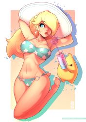 Rule 34 | 1girl, absurdres, armpits, arms up, bare shoulders, barefoot, bikini, blonde hair, blue eyes, border, breasts, can, closed mouth, collarbone, drink can, earrings, feet, full body, gradient background, grand-sage, hair over one eye, hat, highres, jewelry, legs, lips, long hair, looking to the side, looking up, luma (mario), mario (series), medium breasts, narrow waist, navel, nintendo, o-ring, o-ring bottom, patreon username, pink background, rosalina, soda can, soles, solo, star (symbol), star earrings, star print, sun hat, super mario galaxy, swimsuit, white border