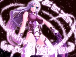 Rule 34 | 1girl, black background, blue eyes, boots, breasts, breasts apart, covered navel, demonbane, floating hair, game cg, gloves, holding, large breasts, leotard, long hair, metatron (demonbane), nishii (damnedrive), official art, red lips, silver hair, solo, thigh boots, thighhighs, v-shaped eyebrows, very long hair, white footwear, white gloves