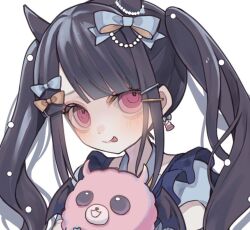 Rule 34 | 1girl, alternate costume, black hair, blue bow, blunt bangs, blush, bow, closed mouth, commentary request, demon horns, demon wings, denonbu, earrings, hair bow, horns, jewelry, long hair, looking at viewer, pink eyes, pomemori, reml, short sleeves, simple background, smile, solo, stuffed toy, tongue, tongue out, twintails, upper body, white background, wings, yellow bow, yokubariyachii