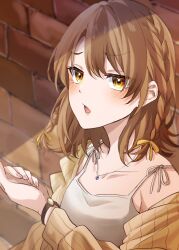 1girl :o blush bow braid brown_eyes brown_hair camisole collarbone hair_bow highres isshiki_iroha jacket light_(lightpicture33) looking_at_viewer medium_hair ribbed_jacket solo tongue white_camisole yahari_ore_no_seishun_lovecome_wa_machigatteiru. yellow_bow yellow_eyes yellow_jacket