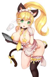 Rule 34 | 1girl, anal, anal object insertion, anal tail, animal ears, apron, black thighhighs, blonde hair, blush, breasts, bridal garter, cat ears, cat girl, cat tail, enarane, fake tail, female focus, glass, gloves, green eyes, heart, heart-shaped pupils, large breasts, lia (soccer spirits), looking at viewer, maid, maid apron, maid headdress, md5 mismatch, milk, naked apron, necktie, object insertion, pasties, ponytail, simple background, single thighhigh, soccer spirits, solo, star pasties, suggestive fluid, symbol-shaped pupils, tail, thighhighs, tongue, tongue out, transparent background, tray, white background, white gloves