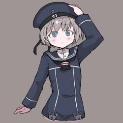 Rule 34 | 1girl, black neckerchief, blue eyes, blue sailor collar, blush, closed mouth, clothes writing, cropped legs, dress, es (eisis), grey background, grey hair, hair between eyes, hand on headwear, hat, highres, kantai collection, long sleeves, looking at viewer, neckerchief, sailor collar, sailor dress, short hair, simple background, solo, z1 leberecht maass (kancolle)