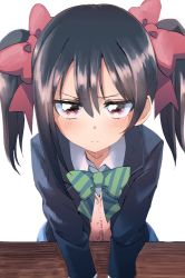 Rule 34 | &gt;:&lt;, 10s, 1girl, :&lt;, bad id, bad pixiv id, black hair, blazer, blush, bow, bowtie, close-up, closed mouth, collared shirt, cream (nipakupa), hair bow, jacket, jitome, leaning forward, looking at viewer, love live!, love live! school idol project, red eyes, school uniform, shirt, solo, twintails, v-shaped eyebrows, vest, yazawa nico