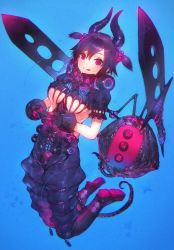 Rule 34 | 1girl, absurdres, black gloves, blue background, blush, breasts, controller, extra eyes, floating, frills, game controller, gloves, glowing, hair between eyes, highres, holding, holding controller, holding game controller, holding sword, holding weapon, horns, open mouth, original, puffy sleeves, purple eyes, purple hair, short hair, solo, star (symbol), sword, tail, takeno (hashi falcon), tongue, tongue out, twintails, underboob, weapon