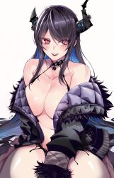 Rule 34 | 1girl, absurdres, asymmetrical horns, bare shoulders, black hair, blue hair, blush, breasts, choker, coat, collarbone, colored inner hair, demon horns, feather-trimmed jacket, hair over one eye, highres, holoadvent, hololive, hololive english, horn flower, horns, kivo, large breasts, long hair, looking at viewer, mole, mole under eye, multicolored hair, navel, nerissa ravencroft, no bra, off shoulder, open clothes, open coat, open mouth, red eyes, simple background, sitting, slit pupils, smile, solo, split-color hair, two-tone hair, uneven horns, very long hair, virtual youtuber