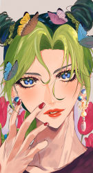 Rule 34 | 1girl, absurdres, black hair, blue butterfly, blue eyes, blush, bug, butterfly, butterfly on head, earrings, enkyo, flower, green hair, hands up, highres, insect, jewelry, jojo no kimyou na bouken, kuujou jolyne, looking at viewer, multicolored hair, nail polish, parted lips, pink butterfly, pink flower, portrait, red nails, shadow, solo, stone ocean, two-tone hair, yellow butterfly