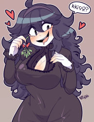Rule 34 | 1girl, ahoge, alternate breast size, black nails, blush, breasts, buttons, christmas, cleavage, commentary request, covered navel, creatures (company), dress, drooling, english text, eyelashes, game freak, grey eyes, hair between eyes, hairband, heart, hex maniac (pokemon), highres, holding, holding mistletoe, kaibuzetta, long hair, messy hair, mistletoe, mouth drool, nail polish, nintendo, npc trainer, open mouth, outline, pokemon, pokemon xy, signature, smile, solo, speech bubble, sweat, teeth, tongue, upper teeth only
