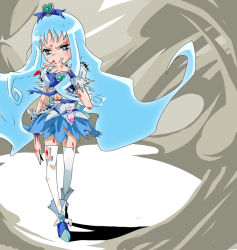 Rule 34 | 10s, 1girl, blood, blue eyes, blue hair, blue skirt, blue theme, bow, brooch, cure marine, dress, epic, full body, grey background, hair ornament, hair ribbon, hairpin, hand on own face, heart, heart brooch, heartcatch precure!, injury, jewelry, kurumi erika, long hair, magical girl, matching hair/eyes, precure, ribbon, sinko (sinsin), skirt, solo, spitting, thighhighs, torn clothes, white thighhighs, wrist cuffs