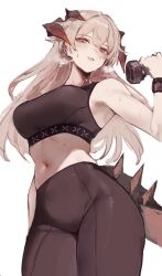 Rule 34 | 1girl, absurdres, arknights, bare arms, bare shoulders, black pants, breasts, commentary, cowboy shot, crop top, dokuro deluxe, grey hair, highres, horns, large breasts, leggings, long hair, looking at viewer, midriff, navel, orange eyes, pants, parted lips, saria (arknights), solo, sports bra, standing, stomach, tail, thighs, very long hair