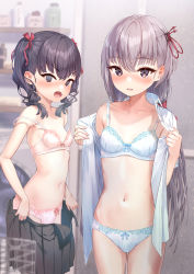 Rule 34 | 2girls, :o, @ @, black hair, black skirt, blue bra, blue panties, blush, bottle, bra, breasts, cinderella bust, collarbone, collared shirt, commentary request, grey eyes, grey hair, hair between eyes, hair ribbon, highres, indoors, looking at viewer, multiple girls, namikishiho, navel, open mouth, original, panties, pink bra, pink panties, pleated skirt, ribbon, school uniform, shirt, skirt, small breasts, standing, stomach, strap slip, twintails, underwear, undressing, v-shaped eyebrows, washing machine, white shirt