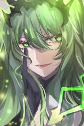 Rule 34 | 1girl, black gloves, close-up, closed mouth, gloves, green eyes, green hair, hair between eyes, hand on own cheek, hand on own face, highres, honkai (series), honkai impact 3rd, long hair, mobius (honkai impact), portrait, solo, tongue, tongue out, vorranutklin01