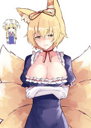 Rule 34 | 2girls, animal ears, arms under breasts, blonde hair, blue tabard, blush, blush stickers, breasts, cleavage, commentary request, cosplay, costume switch, deetamu, dress, elbow gloves, embarrassed, fox ears, fox girl, fox tail, frilled dress, frills, gloves, hair ribbon, highres, kitsune, large breasts, long hair, looking at another, looking at viewer, medium hair, multiple girls, multiple tails, purple dress, red ribbon, ribbon, smile, solo focus, tabard, tail, touhou, white gloves, yakumo ran, yakumo ran (cosplay), yakumo yukari, yakumo yukari (cosplay), yellow eyes
