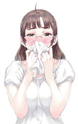 Rule 34 | 1girl, ahoge, blush, breasts, brown eyes, brown hair, commentary request, covering own mouth, glasses, highres, holding, long hair, looking at viewer, medium breasts, nagimiso, original, semi-rimless eyewear, shirt, short sleeves, simple background, solo, straight-on, t-shirt, under-rim eyewear, upper body, white background, white shirt