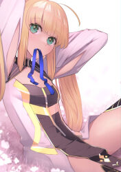 Rule 34 | 1girl, ahoge, artoria caster (fate), artoria caster (third ascension) (fate), artoria pendragon (fate), blonde hair, blue ribbon, breasts, cleavage, clothing cutout, dress, edenciart, fate/grand order, fate (series), green eyes, long hair, looking at viewer, mouth hold, pelvic curtain, ribbon, ribbon in mouth, sitting, small breasts, solo, thighs, very long hair, white background, white dress