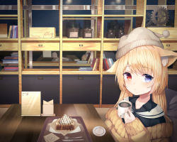 Rule 34 | 1girl, animal ear fluff, animal ears, arknights, beanie, black shirt, blonde hair, blue eyes, brown sweater, cat ears, closed mouth, coffee, collared shirt, commentary request, cup, food, fork, gears, grey hat, hat, heart, heterochromia, holding, holding cup, indoors, knife, long hair, long sleeves, looking at viewer, mug, nightmare (arknights), off-shoulder sweater, off shoulder, red eyes, sailor collar, saucer, shiro (acad1213), shirt, sitting, sleeves past wrists, solo, sweater, table, tray, upper body, white sailor collar