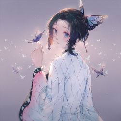 Rule 34 | 1girl, animal print, back, black hair, blue eyes, bug, butterfly, butterfly hair ornament, butterfly on hand, butterfly print, coat, forehead, gradient hair, hair ornament, haori, insect, japanese clothes, kimetsu no yaiba, kochou shinobu, lips, long sleeves, looking at viewer, looking back, multicolored hair, parted bangs, purple background, purple hair, short hair, simple background, solo, suketto 0112, two-tone hair, uniform, upper body, wide sleeves
