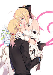 Rule 34 | 2girls, absurdres, ahoge, artoria pendragon (all), artoria pendragon (fate), black gloves, blonde hair, blush, detached collar, detached sleeves, dress, fate (series), flower, formal, gloves, green eyes, hair ribbon, highres, incest, lily (flower), looking at another, mordred (fate), mordred (fate/apocrypha), multiple girls, open mouth, ponytail, ribbon, saber (fate), saber lily, simple background, smile, suit, white dress, white gloves, yorukun, yuri