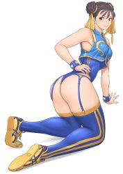 Rule 34 | 1girl, adapted costume, alternate costume, ass, bare shoulders, blue leotard, blue thighhighs, bow, bracelet, braid, braided bun, breasts, brown eyes, brown hair, capcom, chun-li, closed mouth, double bun, garter belt, garter straps, hair bow, hair bun, hand on own hip, highres, huge ass, jewelry, kneeling, leaning forward, legs, leotard, lips, looking at viewer, looking back, matching hair/eyes, medium breasts, shigenobu, shiny skin, shoes, simple background, sleeveless, smile, sneakers, solo, street fighter, street fighter zero (series), striped, thick thighs, thighhighs, thighs, thong, vertical stripes, white background, wide hips, yellow bow, yellow footwear