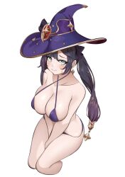 Rule 34 | 1girl, absurdres, alternate breast size, azmi yudista, between legs, bikini, black hair, blush, breasts, closed mouth, cropped legs, genshin impact, gold trim, gradient hair, green eyes, hair ornament, hand between legs, hat, highres, large breasts, mona (genshin impact), multicolored hair, purple bikini, purple hair, raised eyebrows, simple background, sitting, solo, star (symbol), star hair ornament, sweatdrop, swimsuit, twintails, wavy mouth, white background, witch hat
