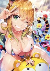 Rule 34 | 1girl, absurdres, animal ears, armpits, bare shoulders, bikini, bikini tan, blonde hair, blurry, breasts, cleavage, day, depth of field, flower, flower bracelet, gradient hair, green eyes, green hair, grin, hibiscus, highres, huge filesize, kotora (toranoana), large breasts, looking at viewer, multicolored hair, multicolored nails, nail polish, one eye closed, outdoors, redrop, scan, skindentation, smile, solo, sparkle, striped bikini, striped clothes, swimsuit, tail, tan, tanline, tiger ears, tiger tail, toranoana, v