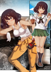 Rule 34 | 1girl, 3d background, armpit peek, black hair, blush, breasts, bubble tea, cleavage, closed mouth, collarbone, drink, engineer, food, girls und panzer, gloves, green eyes, green skirt, highres, hoshino (girls und panzer), looking at viewer, medium breasts, megadeko, midriff, military, military vehicle, miniskirt, motor vehicle, multiple views, navel, ooarai school uniform, open mouth, photo background, pleated skirt, school uniform, short hair, skirt, smile, sweat, tank, tank top, tomboy, white gloves, white tank top