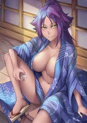 Rule 34 | 1girl, bleach, blue kimono, breasts, closed mouth, collarbone, dark-skinned female, dark skin, feet, floral print, geta, highres, japanese clothes, kimono, large breasts, midriff, nail polish, naughty face, navel, open clothes, pink nails, ponytail, purple hair, sakuya (liao kj), shihouin yoruichi, smile, stomach, tan, toes, wide sleeves, yellow eyes