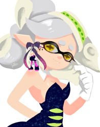 Rule 34 | 2girls, arm behind back, bare shoulders, blue dress, breasts, callie (splatoon), cleavage, closed mouth, cousins, cross-shaped pupils, detached collar, dress, earrings, gloves, gradient hair, grey hair, hand up, index finger raised, inkling, isamu-ki (yuuki), jewelry, jumpsuit, long hair, looking at another, marie (splatoon), medium breasts, mini person, minigirl, mole, mole under eye, multicolored hair, multiple girls, nintendo, no bra, no lineart, on shoulder, pantyhose, pink hair, pointy ears, purple hair, purple pantyhose, short hair, sideboob, simple background, smile, splatoon (series), splatoon 1, strapless, strapless dress, suction cups, symbol-shaped pupils, tentacle hair, two-tone hair, white background, white gloves, yellow eyes