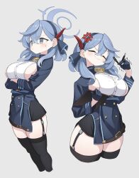 Rule 34 | 1girl, absurdres, ako (blue archive), anger vein, atat250, bell, black gloves, black hairband, black thighhighs, blue archive, blue eyes, blue gloves, blue hair, blue hairband, blue jacket, blush, breasts, clipboard, closed eyes, closed mouth, cowbell, cropped legs, crossed arms, ear piercing, garter straps, gloves, grey background, hair between eyes, hair ribbon, hairband, half gloves, halo, highres, holding, holding clipboard, holding pen, jacket, large breasts, long hair, long sleeves, multiple views, neck bell, pen, piercing, ribbon, sideboob, simple background, smile, sweat, thighhighs
