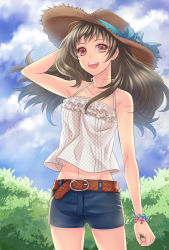 Rule 34 | 1girl, :d, arm up, belt, brown hair, collarbone, groin, hat, hat ribbon, hatake michi, long hair, open mouth, original, red eyes, ribbon, shorts, smile, solo, straw hat