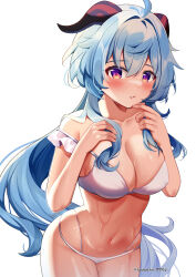 Rule 34 | 1girl, ahoge, artist name, bare shoulders, blue hair, blush, breasts, cleavage, collarbone, covered erect nipples, cowboy shot, ganyu (genshin impact), genshin impact, hand on own chest, highres, large breasts, long hair, looking at viewer, low ponytail, navel, purple eyes, sasha chii, sidelocks, solo, standing, sweat, swimsuit, very long hair, wet, white background