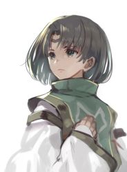 Rule 34 | 1boy, brown eyes, brown hair, closed mouth, gensou suikoden, long sleeves, luc (suikoden), male focus, parted bangs, simple background, solo, starry babe, tabard, white background