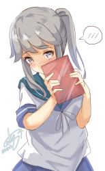 Rule 34 | 1girl, blue sailor collar, blue skirt, brown eyes, calin, commentary request, dated, grey hair, highres, holding, kantai collection, long hair, looking at viewer, one-hour drawing challenge, ponytail, sailor collar, school uniform, serafuku, signature, simple background, skirt, solo, spoken blush, upper body, usugumo (kancolle), white background