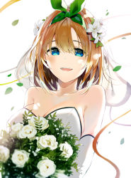 Rule 34 | 1girl, :d, bare shoulders, blue eyes, bouquet, breasts, brown hair, collarbone, detached sleeves, dress, flower, go-toubun no hanayome, green ribbon, hair between eyes, hair flower, hair ornament, hair ribbon, highres, large breasts, looking at viewer, nakano yotsuba, niii (memstapak), open mouth, ribbon, rose, simple background, smile, solo, strapless, strapless dress, upper body, white background, white dress, white flower, white rose, white sleeves