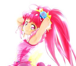 Rule 34 | 1girl, armpits, arms behind head, closed mouth, commentary request, cure star, earrings, erufa (pixiv), hoop earrings, hoshina hikaru, jewelry, long hair, looking at viewer, magical girl, pink eyes, pink hair, precure, simple background, smile, solo, star twinkle precure, transparent background, twintails, white background