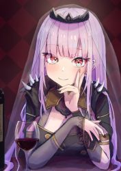 Rule 34 | 1girl, absurdres, alcohol, black cloak, black nails, blush, bottle, breasts, checkered background, cloak, closed mouth, cup, eyelashes, eyes visible through hair, fingernails, gradient hair, head rest, highres, hololive, hololive english, icetea774, large breasts, long fingernails, long hair, looking at viewer, mori calliope, multicolored hair, nail polish, patterned, patterned background, pink hair, purple hair, red eyes, see-through, smile, solo, spikes, tiara, underwear, virtual youtuber, wine, wine bottle